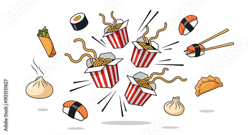 Assorted Japanese Food Items Flying Through Air.