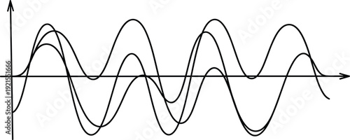Abstract oscillating waveform illustration showing overlapping sine waves, signal frequency modulation, scientific graph lines, dynamic motion, audio physics concept, black white vector