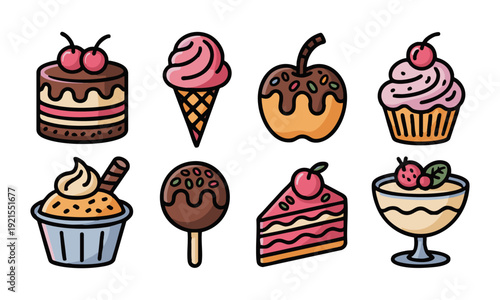 Cute bakery dessert set isolated on white background vector illustration, easily editable.