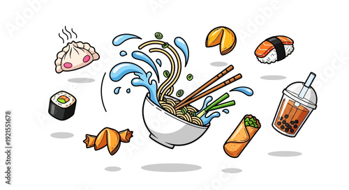 Assorted Japanese Food Items and Drinks.