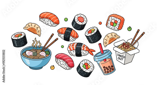 Assorted Japanese Sushi and Food Items.