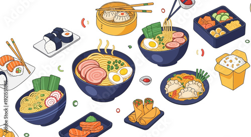 Assorted Asian Style Noodle Dishes and Sushi.