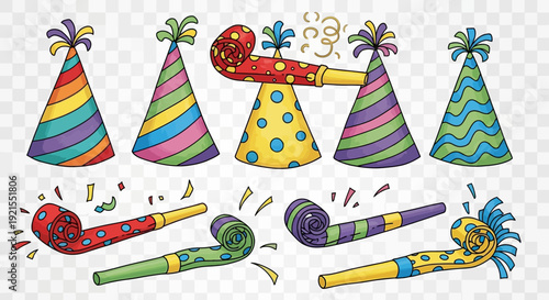 Party hats and blowers, festive celebration elements on transparent background