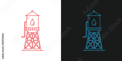 Oil rigs illustration depicted in red and blue hues on contrasting backgrounds showcasing industrial equipment in a graphic representation