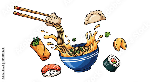 Sushi and Ramen Noodle Illustration with Chopsticks.