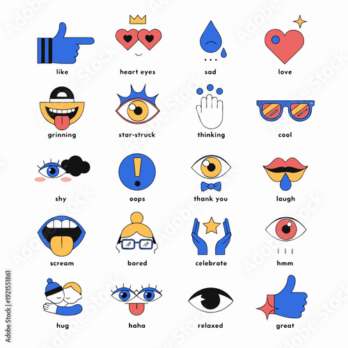 A collection of 20 different colorful emoticon faces