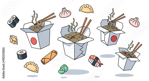 Cartoon Illustration of Noodle Containers and Sushi.