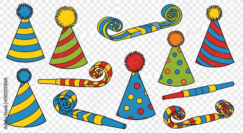 party hats and blowers, festive celebration decorations