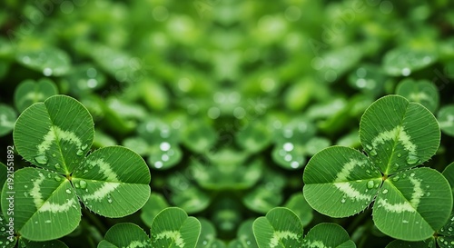 A close-up view of a lush field of green clover leaves with white hearts.