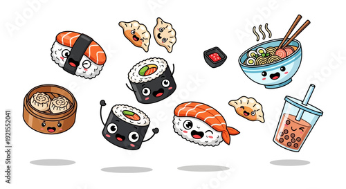 Assorted Sushi and Japanese Food Cartoon Characters.
