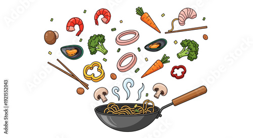 Assorted Vegetables and Noodles in Frying Pan.