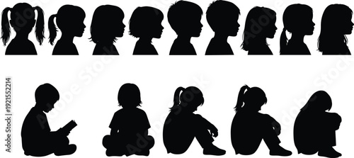 Children Silhouette Collection Vector Illustration Featuring Kids Profile Portraits and Sitting Poses Isolated on White Background Design Set