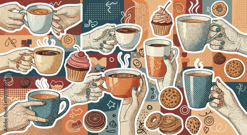 Hands holding coffee cups and pastries illustration