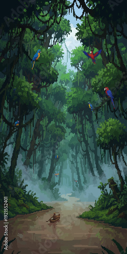 pixel art dense Amazon rainforest landscape with tropical river and lush jungle canopy