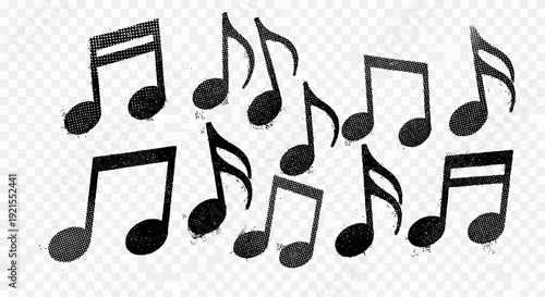 Musical notes pattern, music background, black notes on transparent