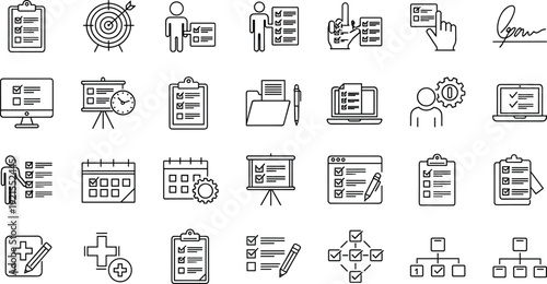 Task Management and Checklist Line Icon Set with Planning, Target, Calendar and Approval Symbols Outline Vector Collection