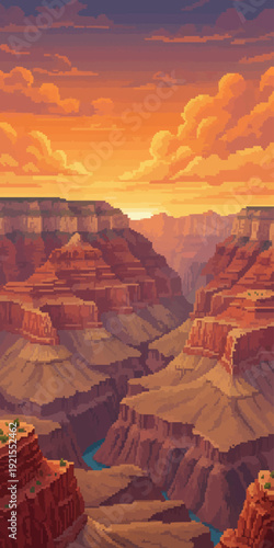 pixel art dramatic Grand Canyon landscape with layered red cliffs and winding river
