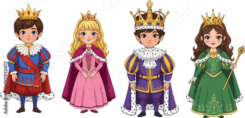 Cute cartoon royal family characters illustration featuring king queen prince and princess, medieval fantasy costumes, fairytale children design, colorful vector on white background