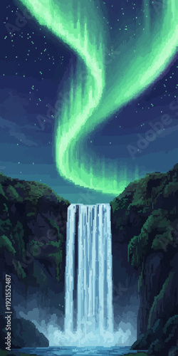 pixel art Iceland waterfall landscape illuminated by vibrant green aurora night sky