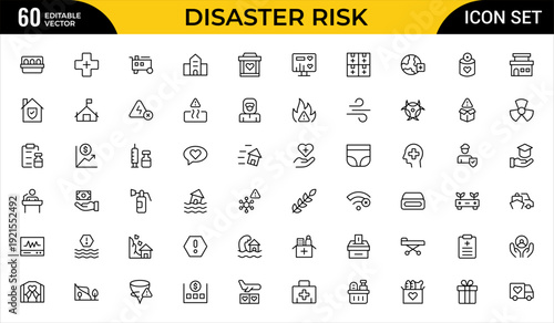 Disaster Risk and Humanitarian Aid Line Icon Set – Emergency, Relief and Crisis Management Outline Icons, Editable Stroke Vector