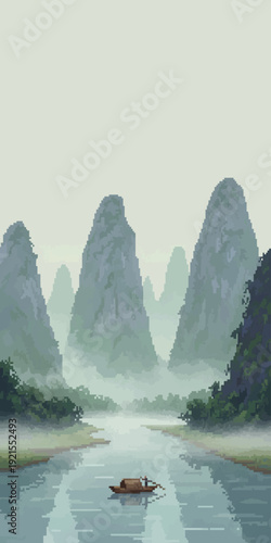 pixel art Guilin karst mountain landscape with misty river and traditional boat