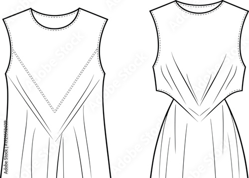 Women sleeveless V panel dress technical flat sketch front and back view, modern fashion garment outline vector illustration template