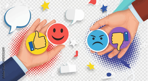 feedback concept, hands with emojis, positive and negative emotions