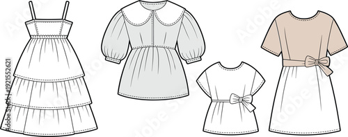Girls dress collection technical flat sketch set front and back views, layered, puff sleeve and bow waist designs fashion vector illustration template