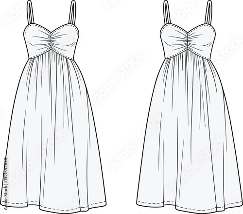 Women spaghetti strap maxi dress technical flat sketch front and back view, elegant summer fashion garment vector illustration template