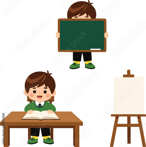 Cute schoolboy studying and holding chalkboard vector illustration set for education, classroom learning, teaching concept, kids school activities flat design