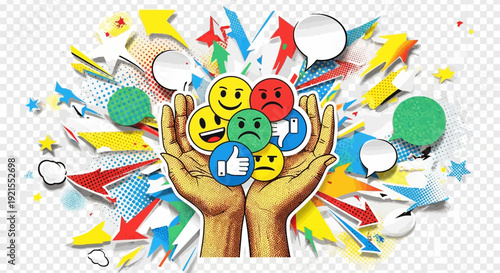 hands holding emotions icons, feedback, customer satisfaction concept