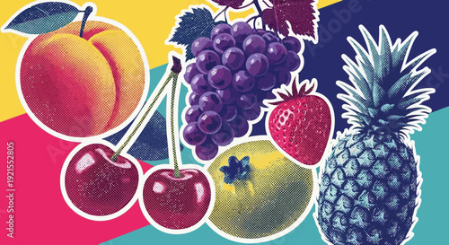 fruit collage, fresh peach, grapes, strawberry, pineapple, healthy food