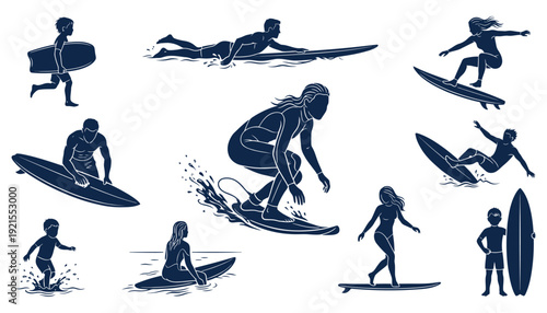 Dynamic Surfer Silhouettes Vector Collection of Beach and Water Sports
