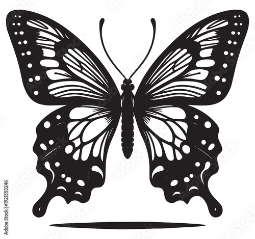 Ornamental butterfly silhouette with detailed symmetrical wings, ideal for tattoo design, logo branding, wall decor and creative projects needing elegant nature vector illustration elements.