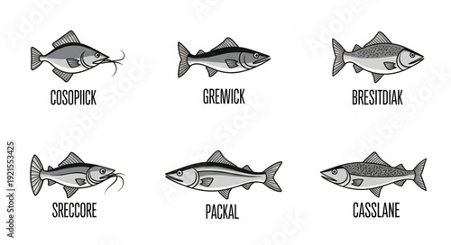 Six Different Types of Fish Illustrated with Labels.
