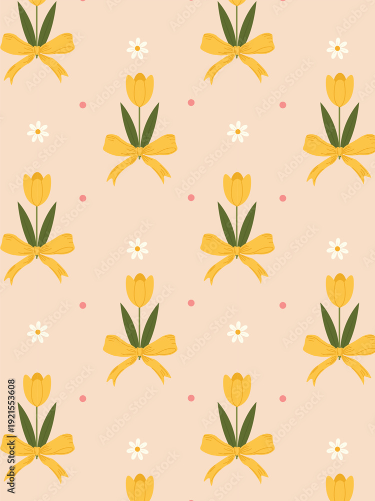 Obraz premium delicate spring pattern with yellow tulips and a beautiful bow on a pink background