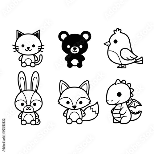Cute Cartoon Animals Set: Cat, Bear, Bird, Rabbit, Fox, Dragon - Vector Icons