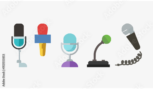 Microphone Icon Set Podcast Journalist Karaoke Conference Flat Vector Collection