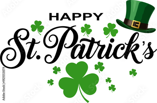 Happy St Patricks Day card design with green clover leaf vector illustration and natural floral decoration banner