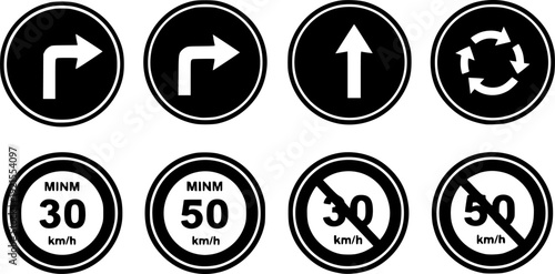A collection of black and white road signs and traffic symbols on a white background

