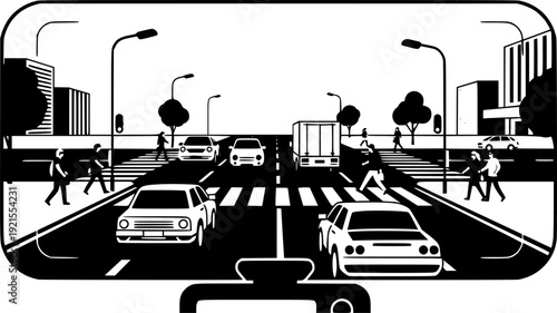 Dashcam displaying a road scene with pedestrians and vehicles
