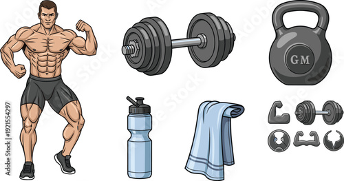 Bodybuilding and gym fitness set, flat vector illustrations with muscular bodybuilder, heavy dumbbell, kettlebell, protein shaker and gym towel isolated on white background.