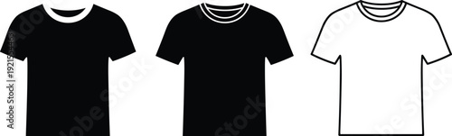 Set of black and white t-shirt vector templates in solid silhouette and line art styles for fashion apparel design branding and clothing mockups