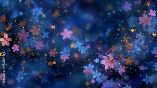 Beautiful dreamy pink and blue flower blossoms glowing in dark black space. Soft luminous petals contrast with deep background, creating elegant, surreal floral atmosphere.