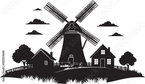 Village with windmill silhouette vector icon, rural landscape composition, high contrast black shape, white background