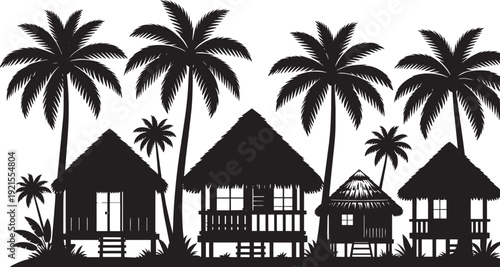 Tropical village silhouette vector, bamboo huts and palm trees composition, clean flat black design, isolated on white