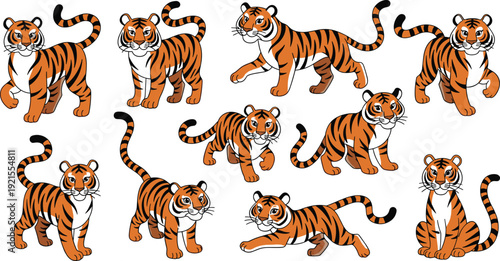 Cute cartoon tiger character collection with multiple walking sitting jumping and playful poses isolated on white background for kids illustration mascot and animal design