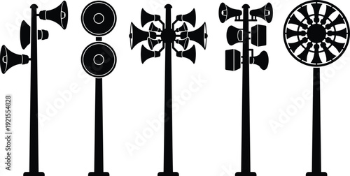 Black silhouette emergency siren speakers on poles set isolated on white background, civil defense alarm system illustration for warning, safety, disaster preparedness concept.