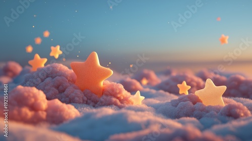 Pastel dreamscape with glowing stars and a soft cloudy sky, gentle luminous hues blending into a serene, magical atmosphere filled with calm wonder and airy light.