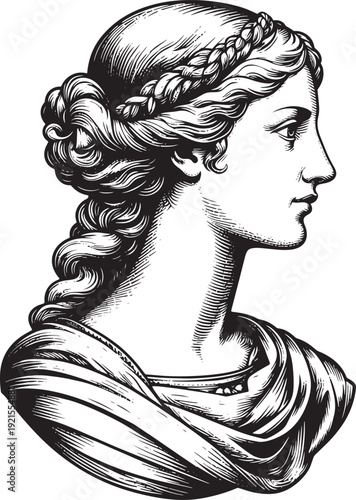 Romantic vintage woman cameo silhouette vector, refined facial outline with soft hair detail, jewelry emblem style, isolated on white